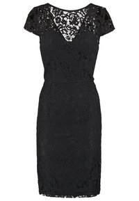 Robe en dentelle noire à manches courtes, avec un décolleté en V et une silhouette ajustée, ornée de motifs floraux et d'un ourlet festonné.