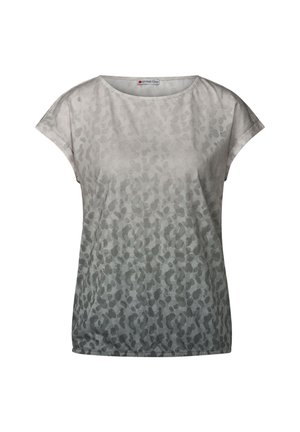 Top a maniche corte in grigio sfumato con una sottile stampa animale, realizzato in tessuto morbido; scollatura rotonda e vestibilità rilassata.