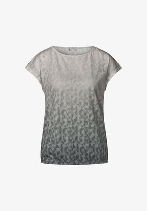 Top de manga corta en gris degradado con un sutil estampado animal, confeccionado en una tela suave; escote redondo y corte relajado.