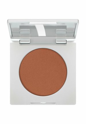 Compact case with clear hinged lid containing pressed bronzer makeup in warm medium brown shade.