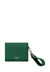 Green leather wallet with textured finish, slim rectangular shape, gold hardware, and a wrist strap for easy carrying. Logo embossed on front.