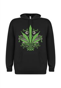 Svart hettegenser med et stort, sentralt grafisk motiv av et grønt cannabisblad med intrikate designelementer og teksten "CYPRESS HILL" under.