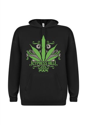 Zwarte hoodie met een grote, centrale afbeelding van een groene cannabisblad met ingewikkelde ontwerp elementen en de tekst "CYPRESS HILL" eronder.