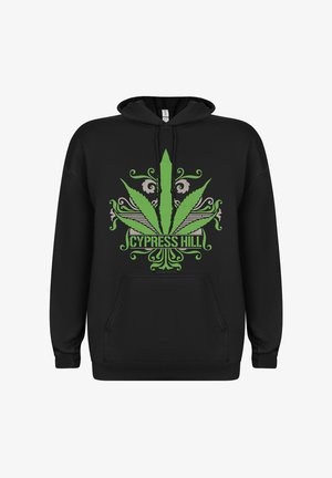 Sudadera negra con un gran gráfico central de una hoja de cannabis verde con elementos de diseño intrincados y el texto "CYPRESS HILL" debajo.