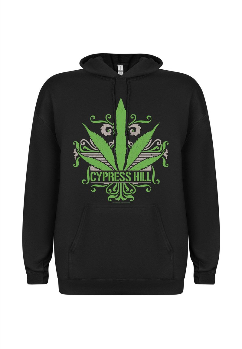 Svart hettegenser med et stort, sentralt grafisk motiv av et grønt cannabisblad med intrikate designelementer og teksten "CYPRESS HILL" under.