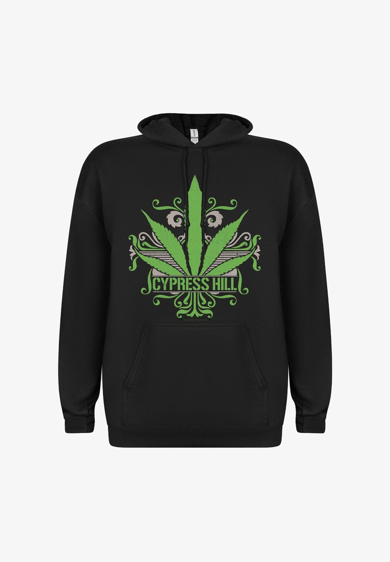 Svart hettegenser med et stort, sentralt grafisk motiv av et grønt cannabisblad med intrikate designelementer og teksten "CYPRESS HILL" under.