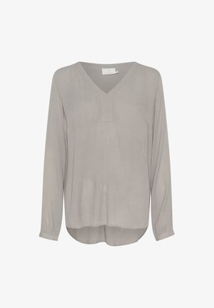 Heledhalli pikkade varrukatega blouse, millel on V-kaelus ja volditud detailid. Valmistatud pehmest, voogavast kangast, millel on kergelt kaardus hem.