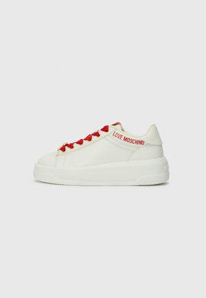White leather sneakers with red laces, featuring a textured sole and "LOVE MOSCHINO" branding on the side in red. Rounded toe design.