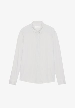 Cămașă cu mânecă lungă, cu nasturi, de culoare albastru deschis, având dungi albe subțiri. Design cu guler și nasturi albi. Material neted cu o textură subtilă.