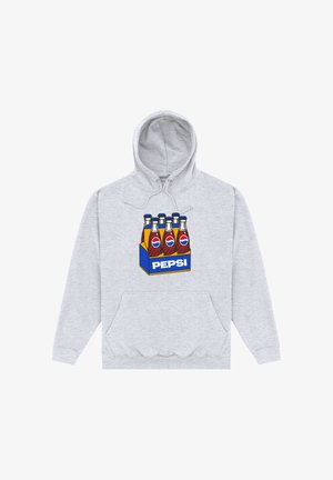 Lys grå hoodie med et grafik af seks glas Pepsi-flasker i en blå og gul karton på brystet.