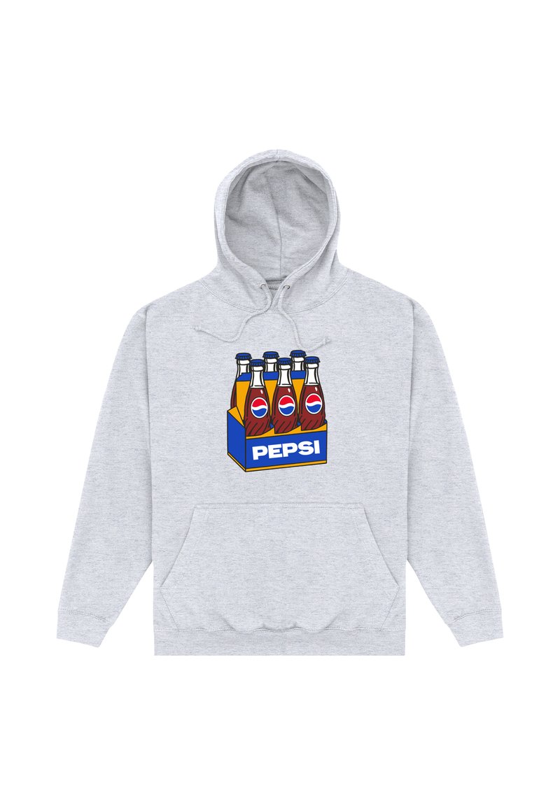 Felpa grigia chiara con una grafica di sei bottiglie di vetro di Pepsi in un cartone blu e giallo sul petto.