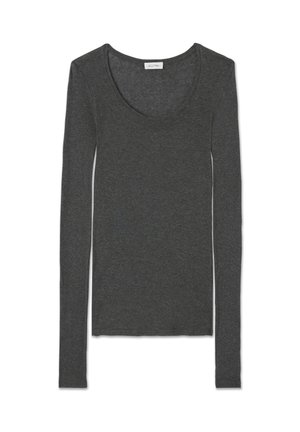 Langsleeve, antracietgrijze T-shirt gemaakt van zacht, lichtgewicht materiaal met een ronde halslijn en een slim fit. Geen zichtbare patronen of accenten.