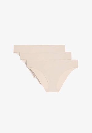 Trzy pary beżowych damskich majtek o gładkiej fakturze, z prostym wzorem i średnim stanem.