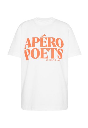 White short-sleeve T-shirt with bold orange text "APÉRO POETS" and smaller text "SENSES.THE LAB" below on the front center.