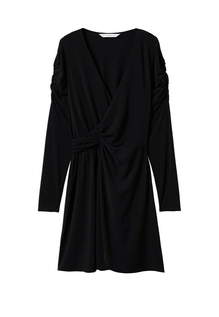 Robe noire à manches longues avec un décolleté en V profond, tissu froncé à la taille et détails froncés sur les manches.