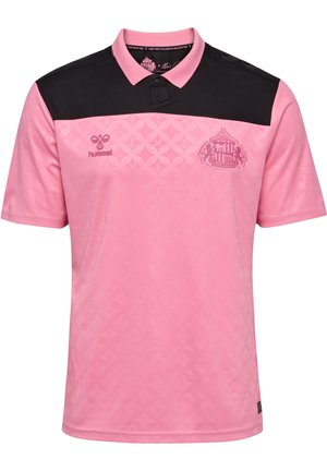 Roze en zwarte korte mouw polo met geometrisch patroon, Sunderland A.F.C.-logo op de borst en Hummel-merklogo aan de voorkant.