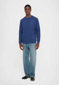 Joven de pie, vistiendo un sudadera azul con un pequeño logo en el pecho, jeans de un azul claro y zapatos negros, contra un fondo blanco liso.