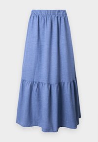 Blå chambray-s kjole med en samlet elastisk linning og lagdelt volangkant, med en glatt tekstur og en avslappet, flytende passform.