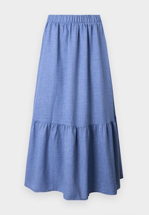 Modrá šatová sukňa z chambray s naberaným elastickým pásom a tiered volánom na spodnom okraji, ktorý sa vyznačuje hladkou textúrou a uvoľneným, splývavým strihom.