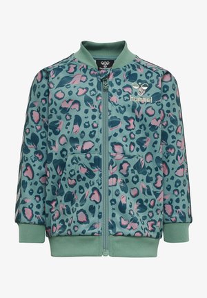 Grüner Zip-Hoodie mit einem Leopardenmuster in Pink und Marineblau, zwei vorderen Taschen und gerippten Bündchen. Weicher Stoff.