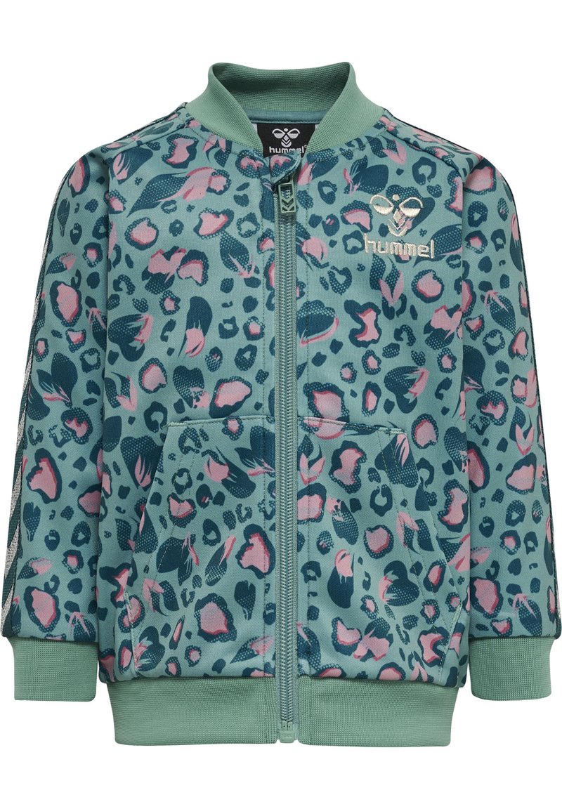 Grön zip-up jacka med leopardmönster i rosa och marinblått, med två framfickor och ribbade ärmslut. Mjuk tygstruktur.