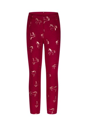 Bordeaux legging met een herhalend gouden paardenpatroon, gemaakt van zachte stof met een aansluitend ontwerp en een elastische tailleband.