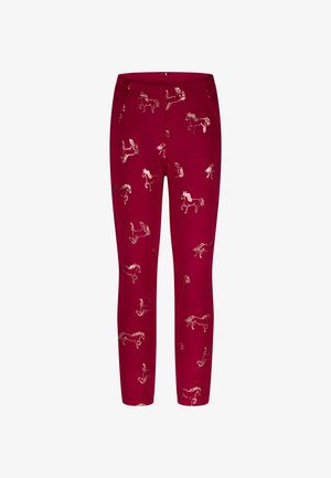 Bordeaux legging met een herhalend gouden paardenpatroon, gemaakt van zachte stof met een aansluitend ontwerp en een elastische tailleband.