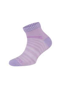 Fioletowa skarpetka do kostki z miękką, gładką teksturą z poziomymi paskami. Ribbowa górna część i wzmocniony palec. Etykieta widoczna na podeszwie.