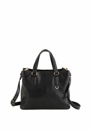 Czarna skórzana torebka z dwoma uchwytami i odpinanym paskiem na ramię, wyposażona w złote okucia i zamknięcie na zamek.