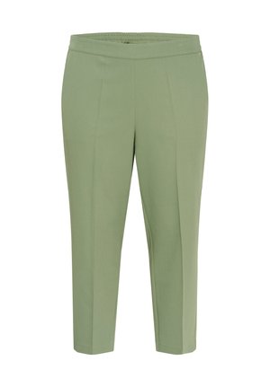 Pantalon vert, longueur mi-mollet, en tissu lisse avec une ceinture élastique, présentant deux plis devant pour plus de détails.