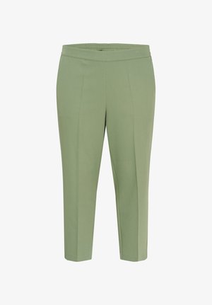 Grüne, knöchellange Hose aus glattem Stoff mit elastischem Bund und zwei vorderen Falten für zusätzliche Details.