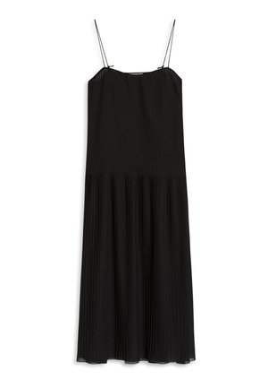 Black sleeveless dress with thin straps, featuring a pleated design and flowing skirt. Made from lightweight fabric with a smooth texture.