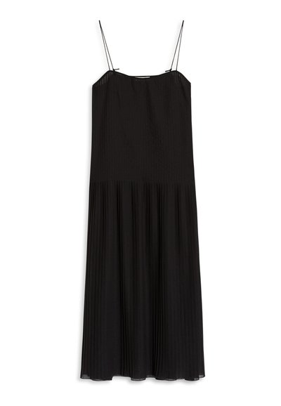 Black sleeveless dress with thin straps, featuring a pleated design and flowing skirt. Made from lightweight fabric with a smooth texture.