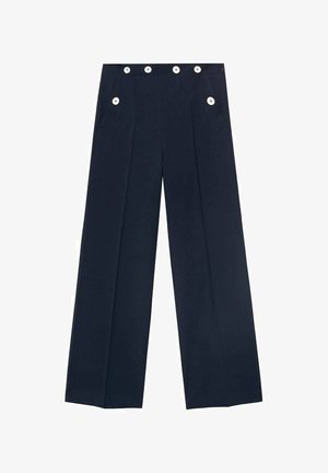 Mornarske široke hlače z visokim pasom, ki imajo spredaj štiri velike bele gumbe in dve stranski žepki. Gladka tekstura tkanine.