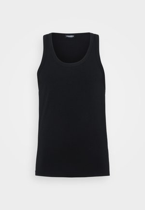 Schwarzes Tanktop aus weichem Baumwollstoff, mit rundem Halsausschnitt und breiten Trägern. Keine sichtbaren Muster oder Akzente.