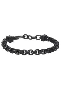 Bracelet en chaîne noire en métal avec des maillons entrelacés, des accents carrés et une texture lisse. Design ajustable pour un meilleur ajustement.