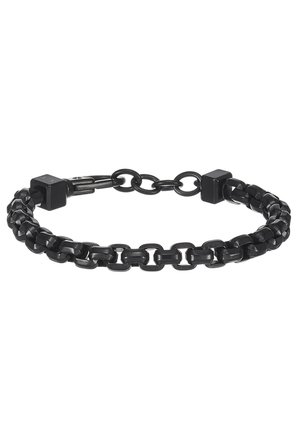 Black metal chain bracelet featuring interlocking links, square accents, and a smooth texture. Adjustable design for fit.