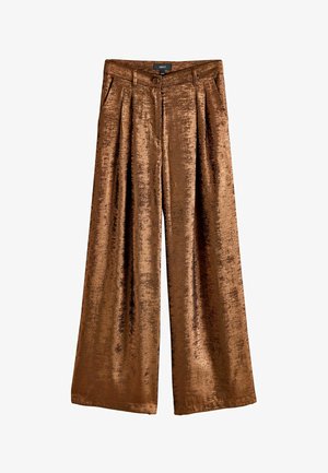 Helle bronzeweite Hosen aus strukturiertem, glänzendem Stoff. Verfügt über einen Knopfverschluss und plissierte Vorderseite, die eine lockere Passform und elegante Silhouette bieten.