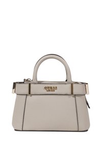 Borsa in finta pelle beige con hardware dorato, forma strutturata, doppi manici e chiusura con zip. Dettaglio del logo sulla parte anteriore.