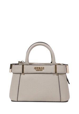Borsa in finta pelle beige con hardware dorato, forma strutturata, doppi manici e chiusura con zip. Dettaglio del logo sulla parte anteriore.