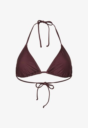 Mørkebrun trekant-bikinitop med halterneck og bindelukning foran og på bagstropperne.