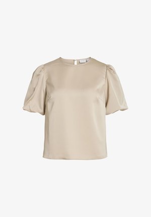 Blouse en satin beige avec de courtes manches bouffantes, un col rond, et une fermeture à clé au dos. Texture lisse, sans motifs ni accents visibles.