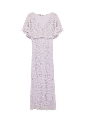 Syrenfarvet midi-kjole i blonder med V-udskæring, korte flagrende ærmer og detaljeret flerlags-overdel.