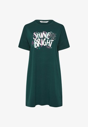 Mørkegrøn kortærmet kjole med teksten "SHINE BRIGHT" og farverig stjerne- og gnistgrafik på fronten.