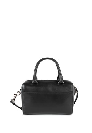 Zwarte leren handtas met dubbele bovenhandvaten en een afneembare schouderriem. Heeft een gladde textuur en subtiele naaddetails.
