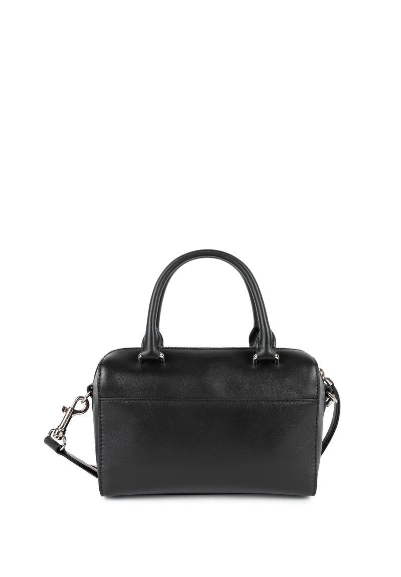 Borsa a mano in pelle nera con doppio manico superiore e tracolla removibile. Presenta una texture liscia e una sottile cucitura decorativa.