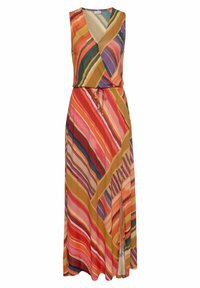 Vestido maxi con escote en V y diseño sin mangas. Patrón de rayas multicolores en tonos cálidos. Tejido ligero y fluido con cintura ajustable.