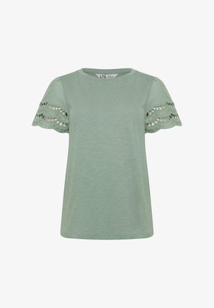 Lichtgroen topje met korte mouwen, een ronde hals en gegolfde kanten uitsnijdingen op de mouwen.