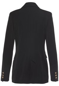 Černý tailored blazer s strukturovaným designem, klopovým límcem a třemi zlatými knoflíky na manžetách. Hladká tkanina s čistými liniemi.