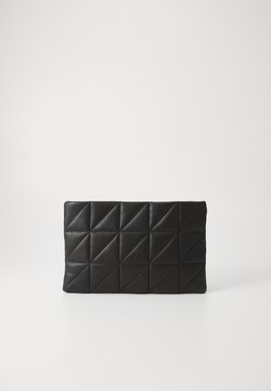 Black leather clutch bag featuring a quilted design with triangular patterns. Smooth texture and flat, rectangular shape. No hardware visible.